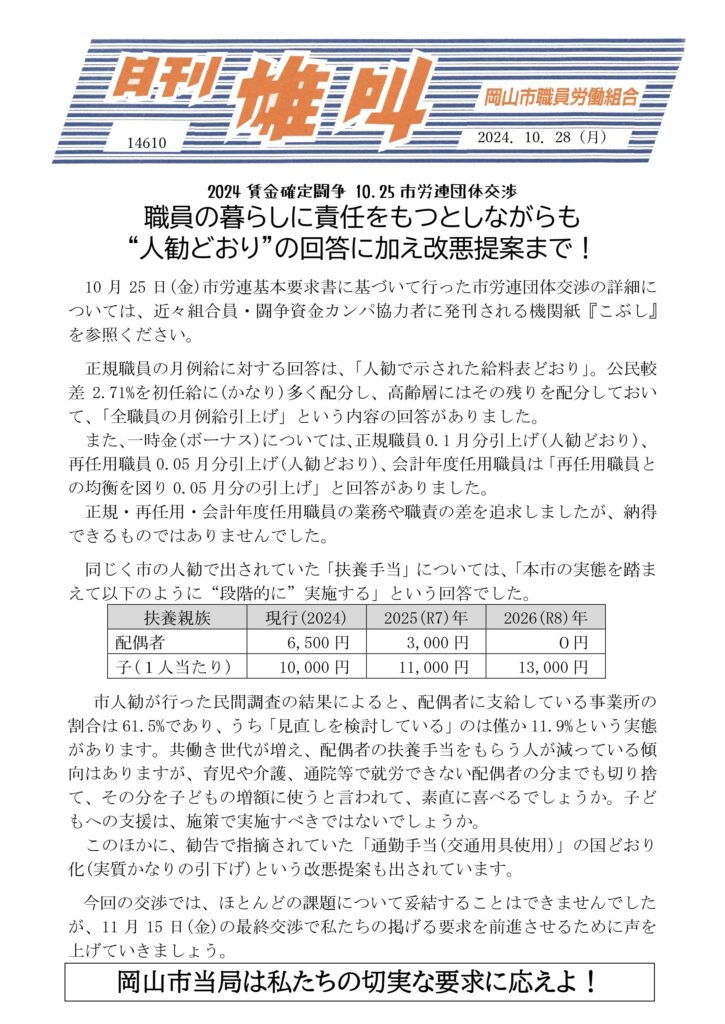 2024.10.28　2024賃金確定闘争　10.25市労連団体交渉　職員の暮らしに責任をもつとしながらも”人勧どおり”の回答に加え改悪提案まで！