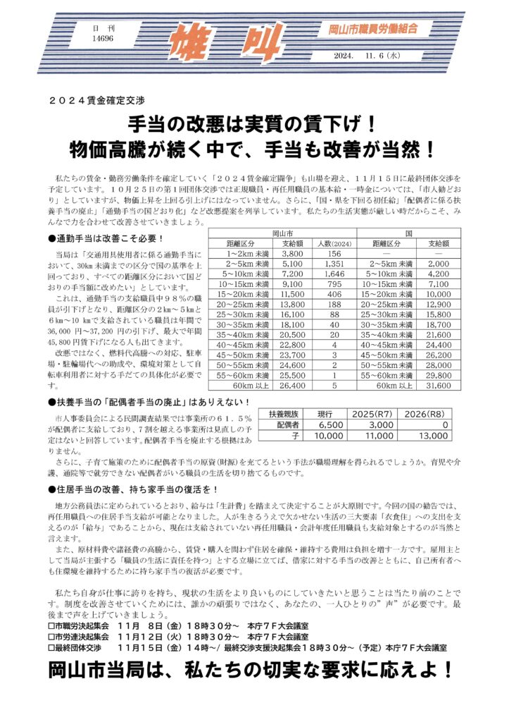 2024.11.06　2024賃金確定交渉　手当の改悪は実質の賃下げ！物価高騰が続く中で、手当も改善が当然！