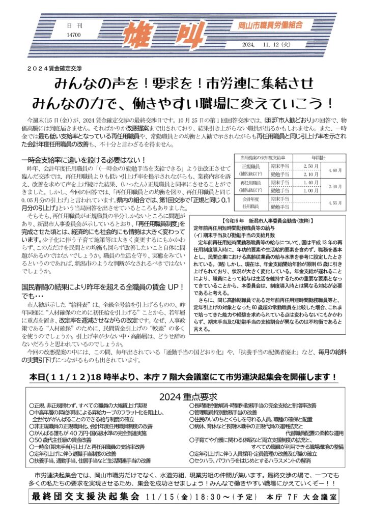 2024.11.12　2024賃金確定交渉　みんなの声を！要求を！市労連に集結させみんなの力で、働きやすい職場に変えていこう！